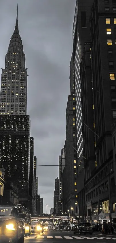 Chrysler Building and city street lights at night.