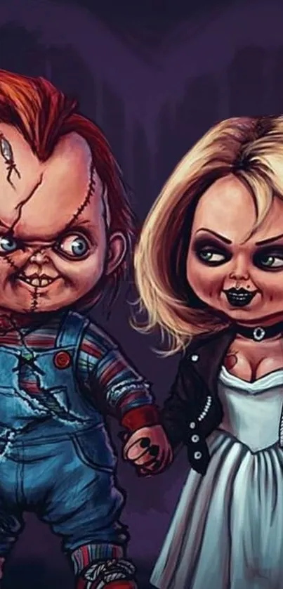 Chucky and bride in horror art style