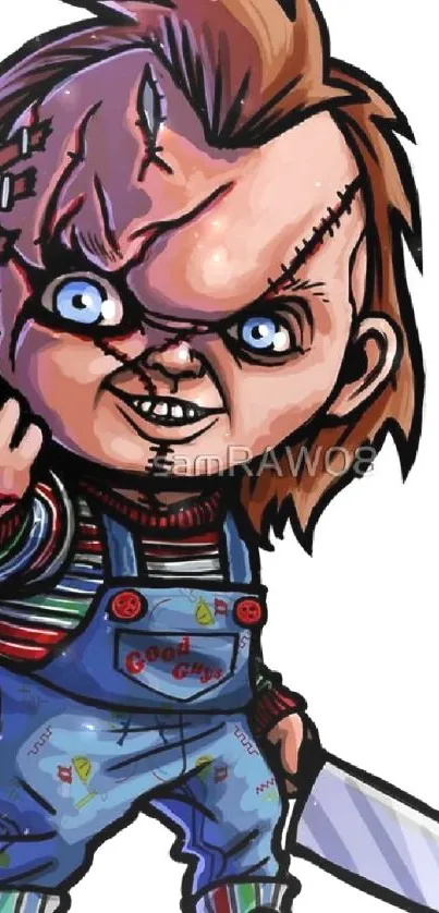 Cartoon depiction of Chucky with a knife, vibrant and detailed.