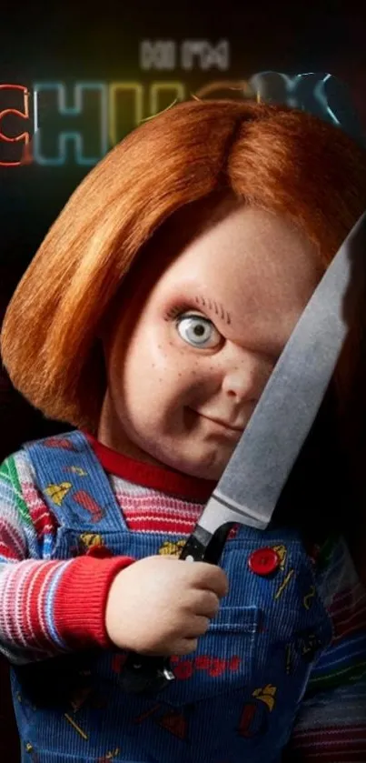 Creepy Chucky doll holding a knife, horror-themed wallpaper.