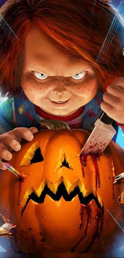 Chucky with a carved pumpkin and knife, Halloween wallpaper.