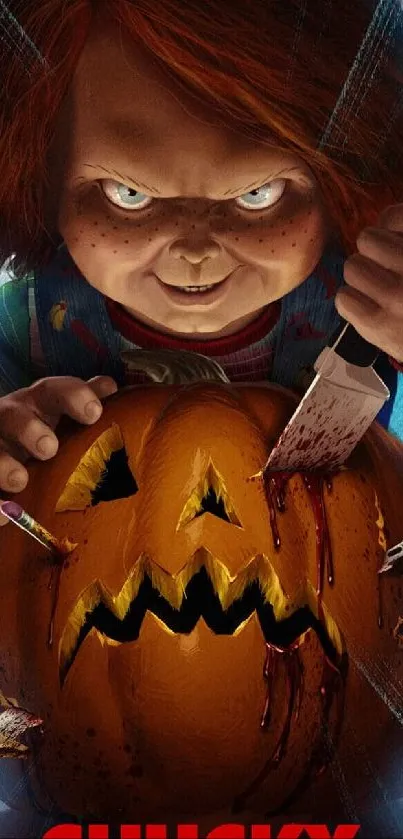 Chucky with knife and carved pumpkin in a horror-themed wallpaper.