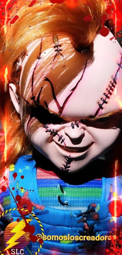 Creepy Chucky doll with fiery accents background.