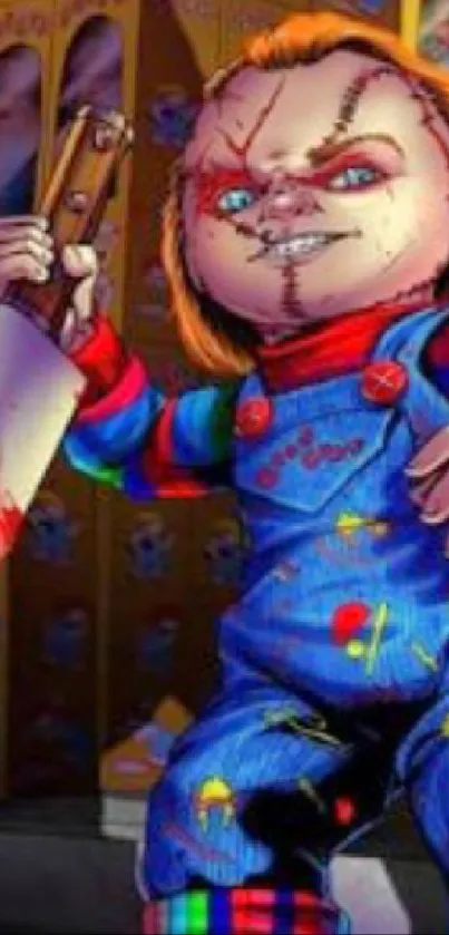 Chucky doll with knife in blue overalls mobile wallpaper.