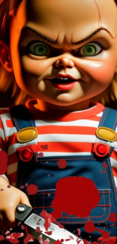 Chucky inspired doll with vivid orange and red tones, holding a knife.