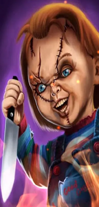 Chucky horror art wallpaper with knife and eerie expression.