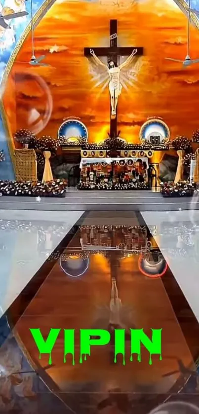 Vibrant church altar with spiritual artwork and orange hues.