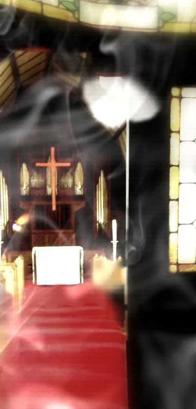 Church interior with cross and stained glass windows in smoky setting.