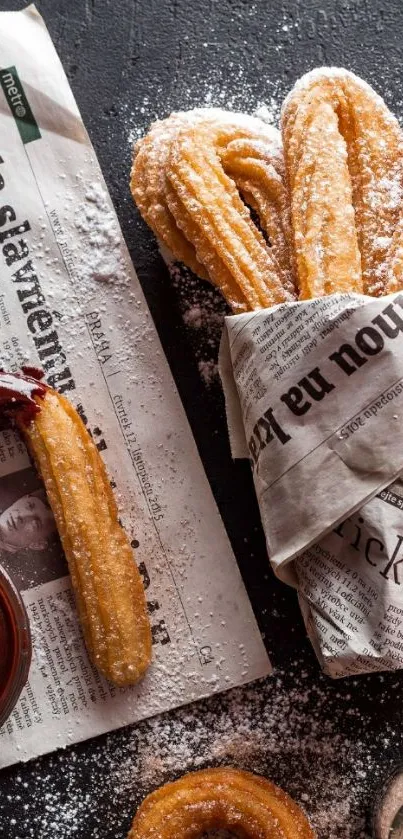 Churros in newspaper with chocolate and sugar on dark background.