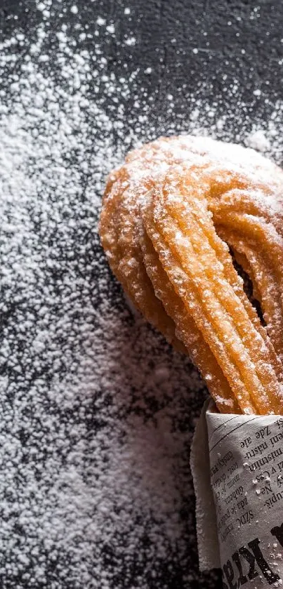 Churros with icing sugar on dark background.