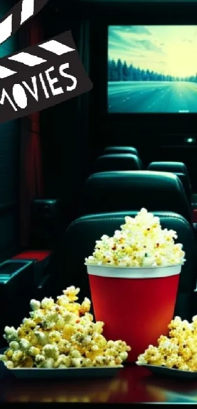 Mobile wallpaper of a cinema scene with popcorn and movie reels.