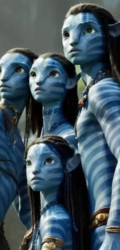 A group of fantasy blue creatures with stripes in a mystical setting.