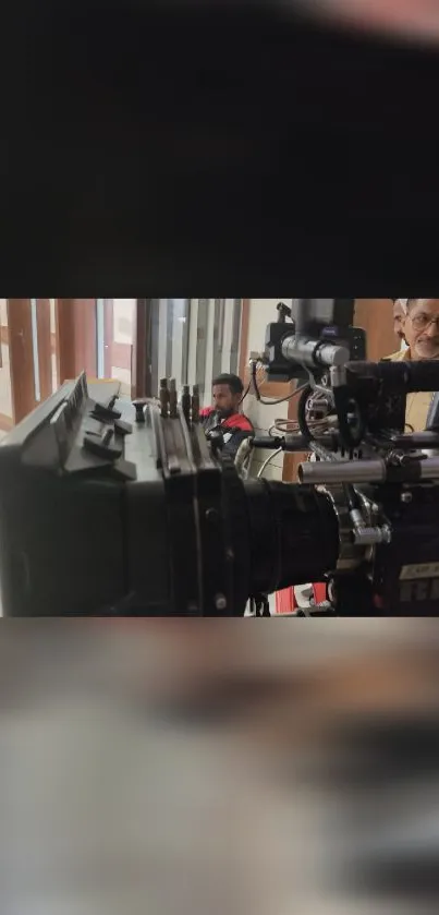 Professional camera on a film set capturing a scene.