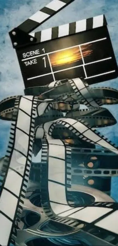 Artistic wallpaper featuring film reel and clapperboard against a blue background.