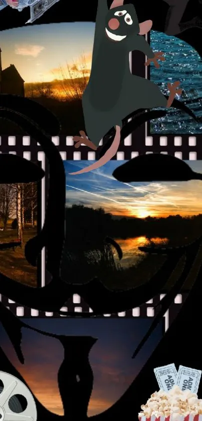 Cinematic collage wallpaper with mysterious mask and scenic film elements.