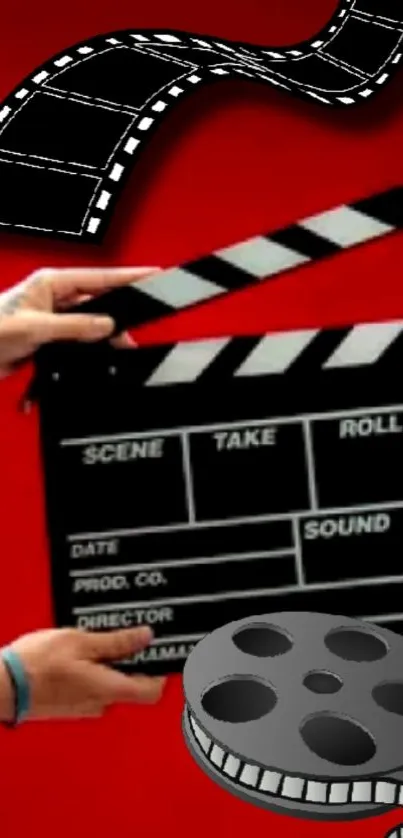 Vibrant red mobile wallpaper with film clapper and reel.