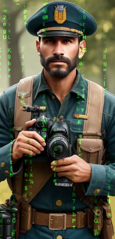 Portrait of a uniformed soldier holding a camera in a forest setting.