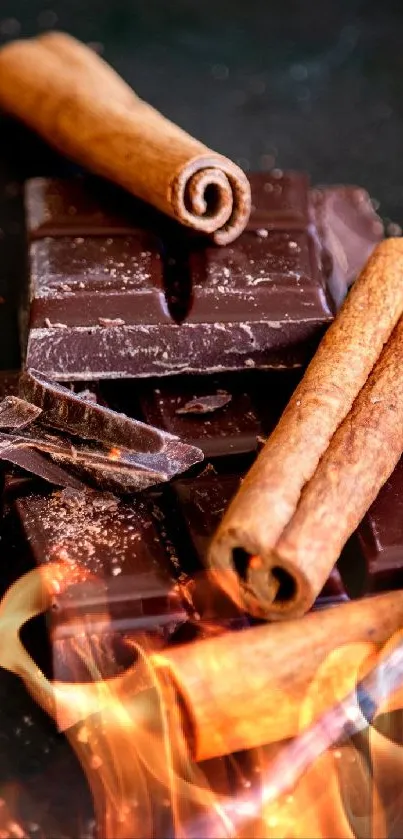 Dark chocolate squares with cinnamon sticks and flames.