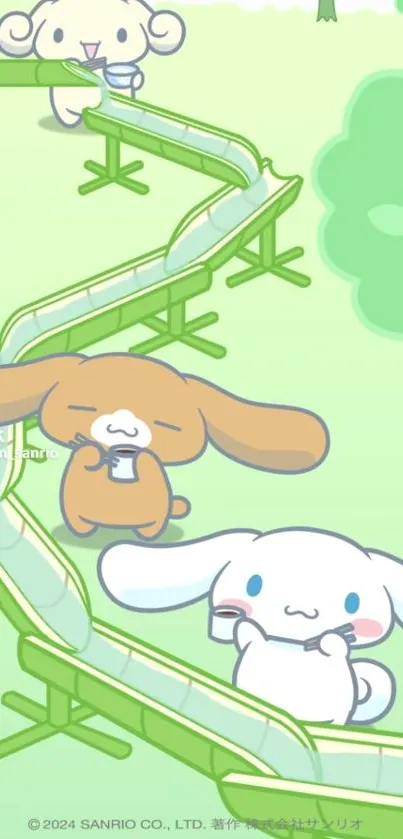 Adorable Cinnamoroll sliding down in a cute pastel landscape wallpaper.