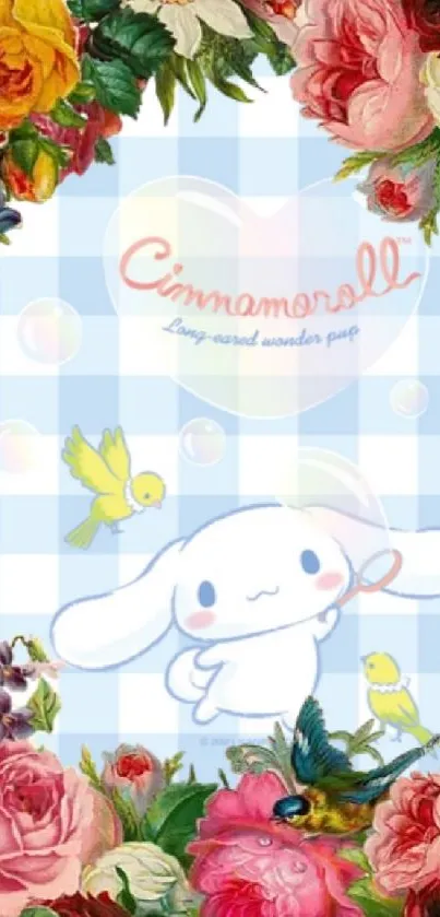 Cinnamoroll with floral border on pastel background.