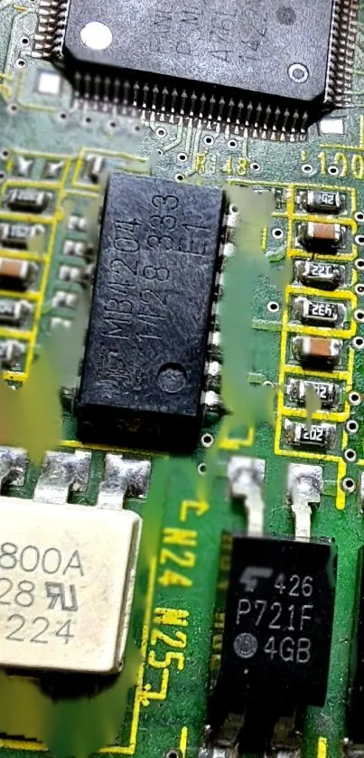 Close-up view of a detailed circuit board with microchips.