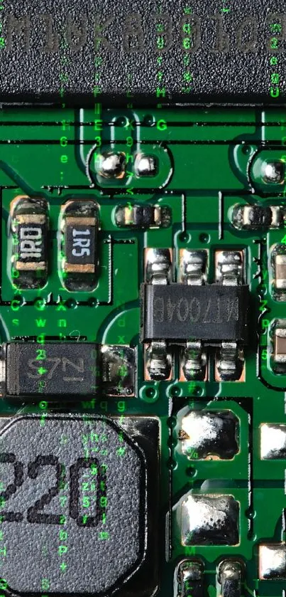 Close-up image of a green circuit board with detailed components.