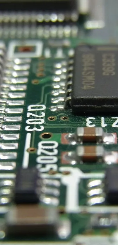 Close-up view of a green circuit board with microchips.