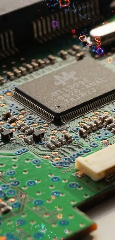 Close-up image of a green circuit board showing various electronic components.