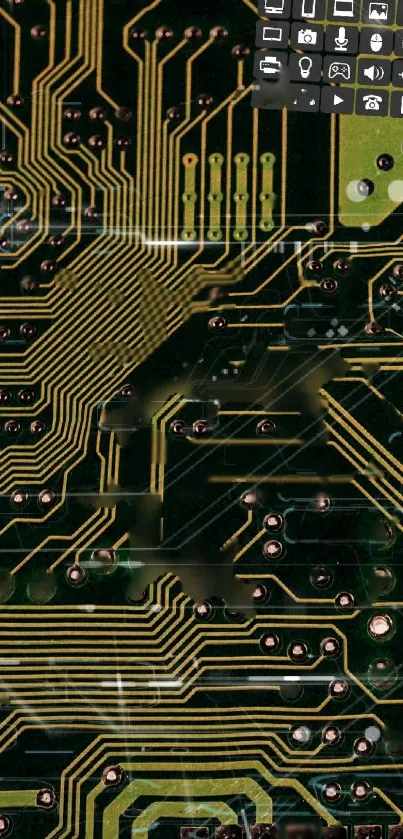 Close-up of a dark green circuit board pattern for a tech-themed mobile wallpaper.