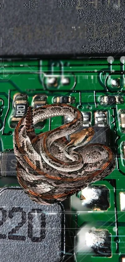 Snake curled on green circuit board.