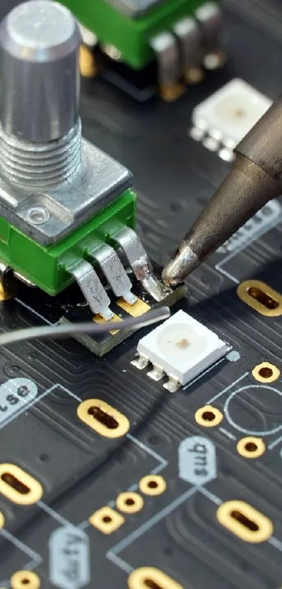 Close-up of soldering on a detailed circuit board, highlighting electronics craftsmanship.
