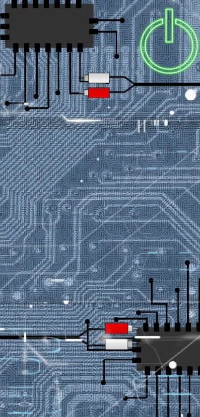 Intricate circuit board design with microchips and power symbol, blue theme.