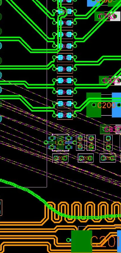 Vibrant circuit board design with green lines on black background.