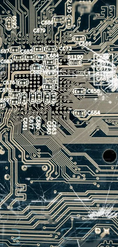 Intricate circuit board design on a mobile phone wallpaper background.