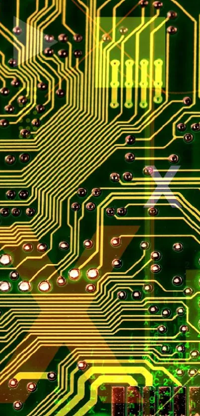 Green circuit board wallpaper with intricate patterns.