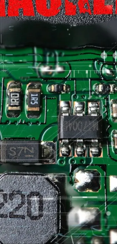 Close-up view of a circuit board with green and silver elements.