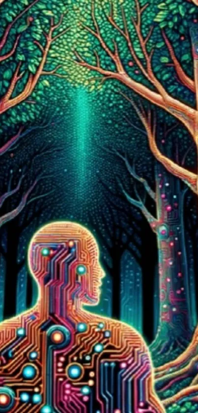 A futuristic circuit-themed forest mobile wallpaper with vibrant colors.