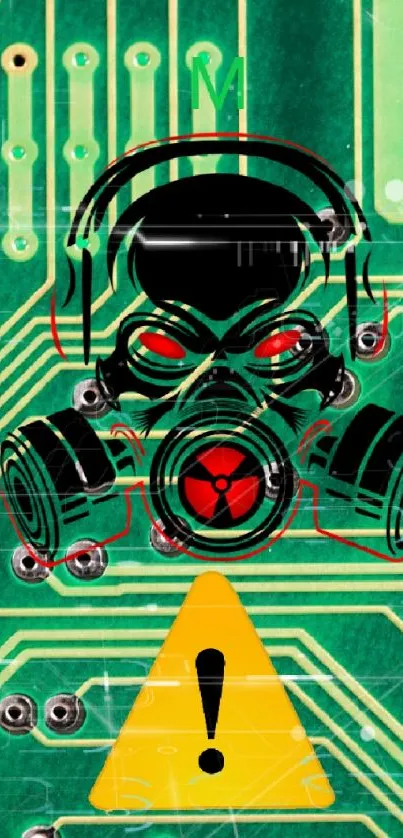 Green circuit board wallpaper with gas mask.