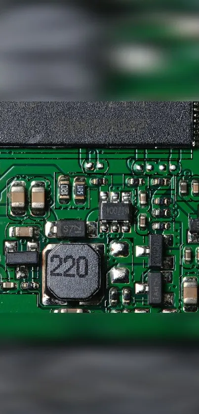 Close-up of a green circuit board with intricate details for phone wallpaper.