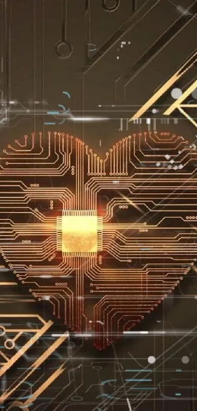 Heart-shaped circuit board in gold tones on a dark background.