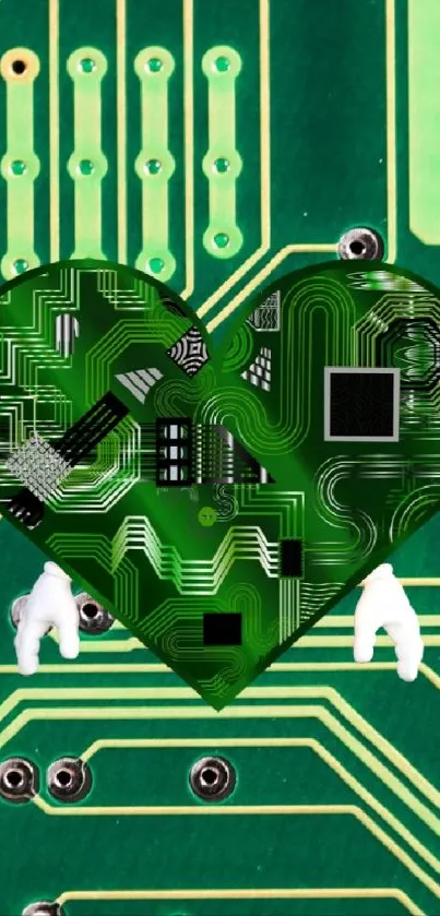 Green circuit board wallpaper with heart design.