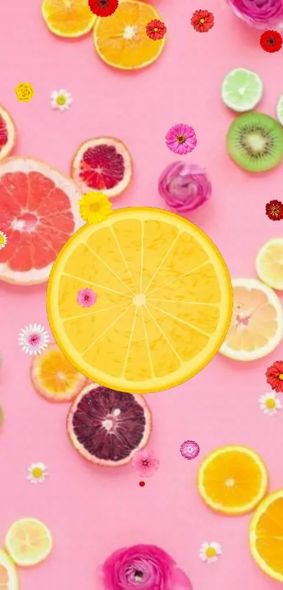 Colorful citrus and flower wallpaper on pink background.