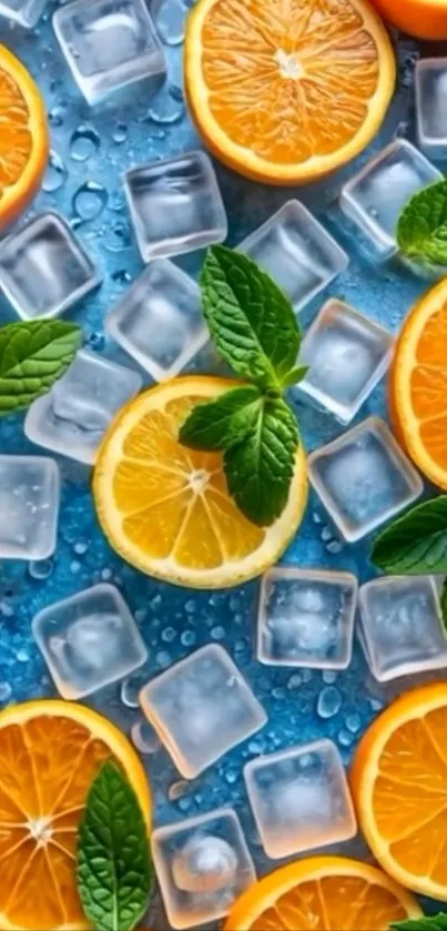 Orange slices, ice, and mint on a blue background.