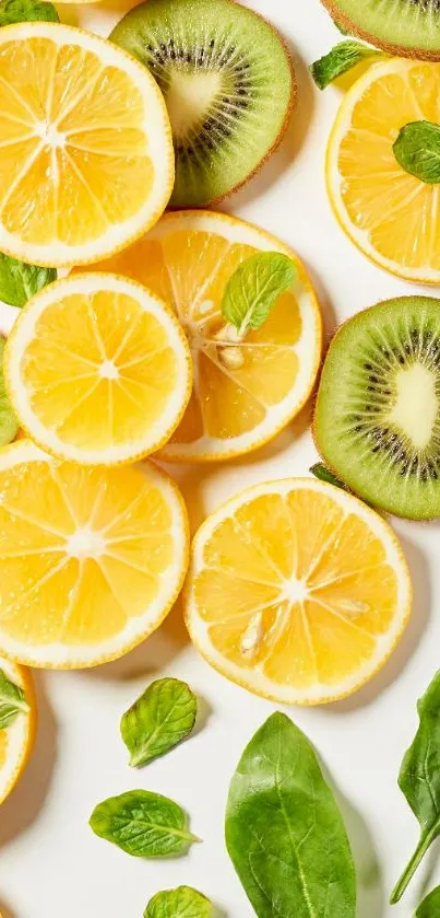 Lemon and kiwi slices with green leaves on a white background.