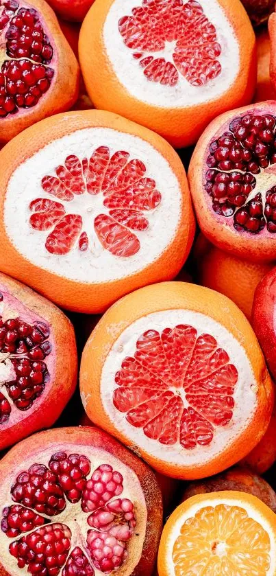 Vibrant citrus and pomegranate mobile phone wallpaper with a colorful design.