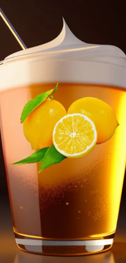 Vibrant citrus drink in glass with lemon garnish.