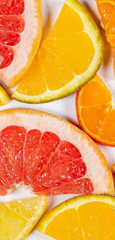 Colorful citrus fruit slices in vibrant orange and pink hues on a fresh wallpaper.