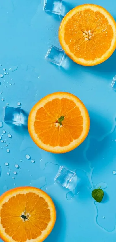 Fresh orange slices on blue background with ice cubes.