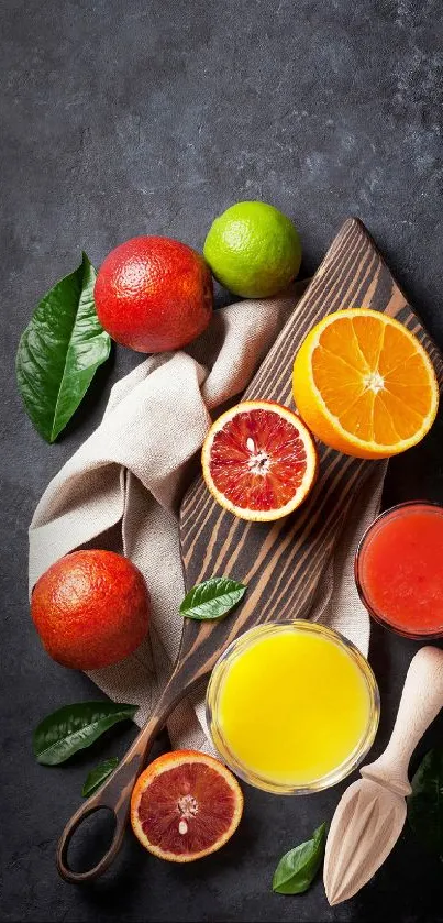 Vibrant citrus fruits with dark stone background and wooden board.