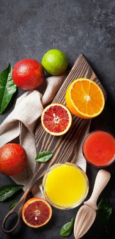 Vibrant citrus fruits on dark textured background.